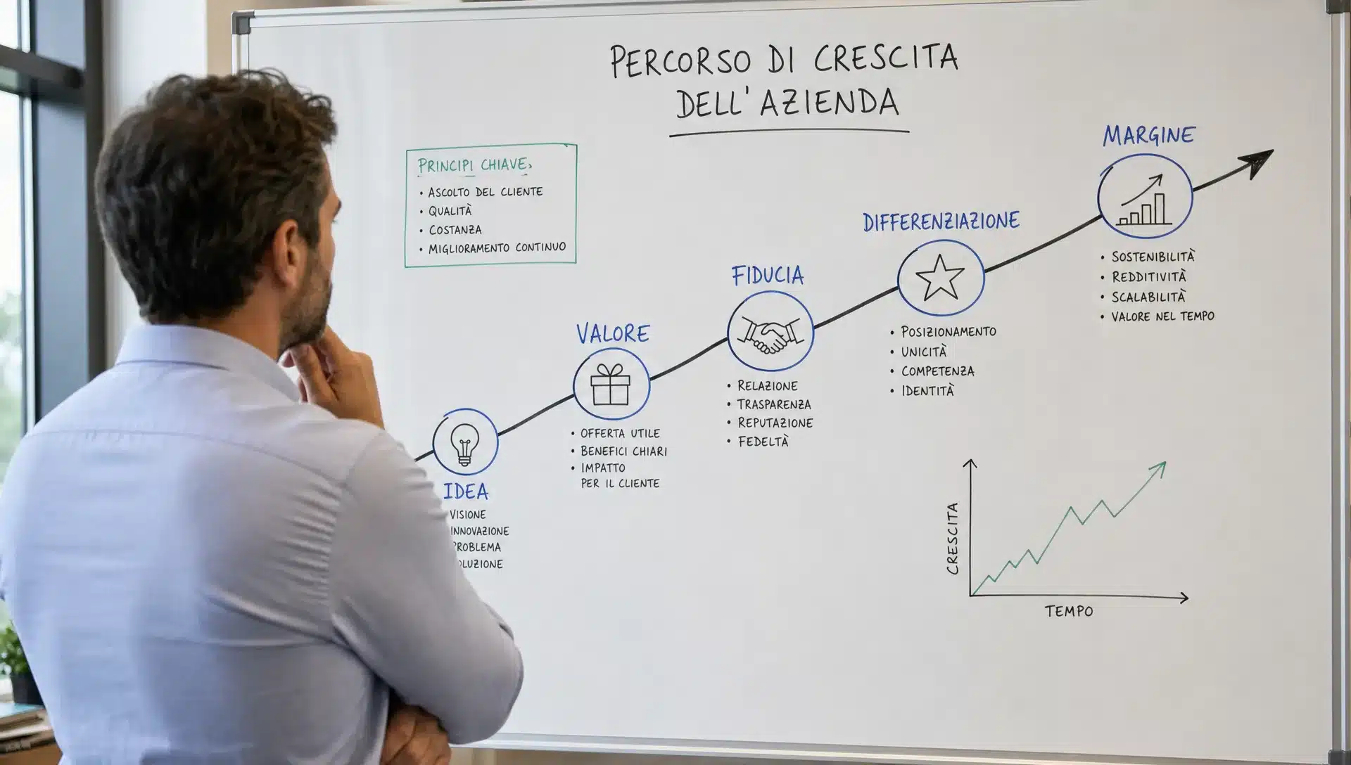 Un imprenditore osserva una lavagna con il percorso di crescita della tua azienda, tra idee su valore, fiducia, differenziazione e margine.