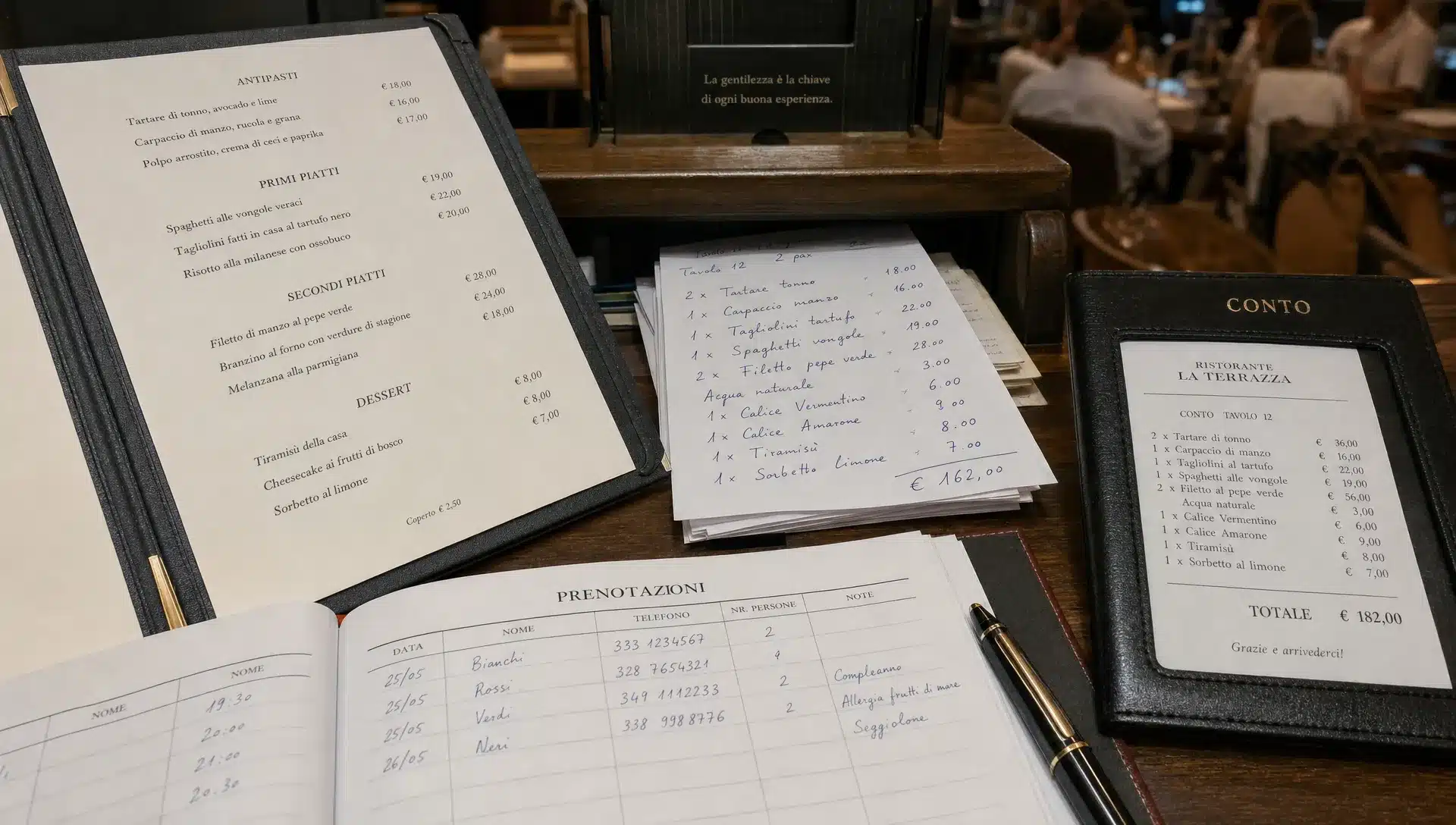 Dettaglio di menu, note e prenotazioni in un ristorante che punta a crescere senza sconti.