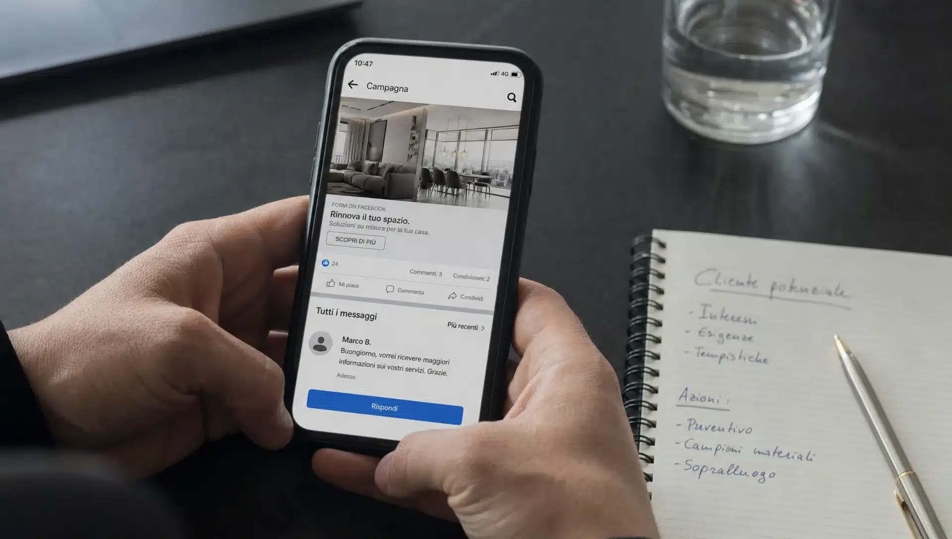 Uno smartphone con una campagna Facebook aperta mostra un messaggio di richiesta informazioni sopra un banco di lavoro.
