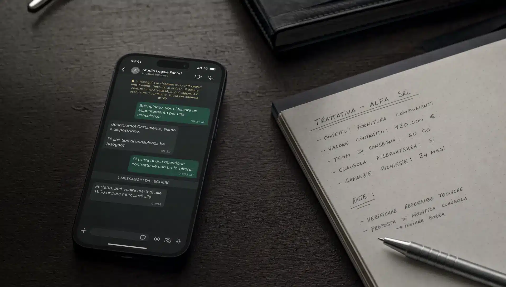 Uno smartphone con WhatsApp Business aperto su un tavolo, accanto a un taccuino di trattativa e una penna metallica.