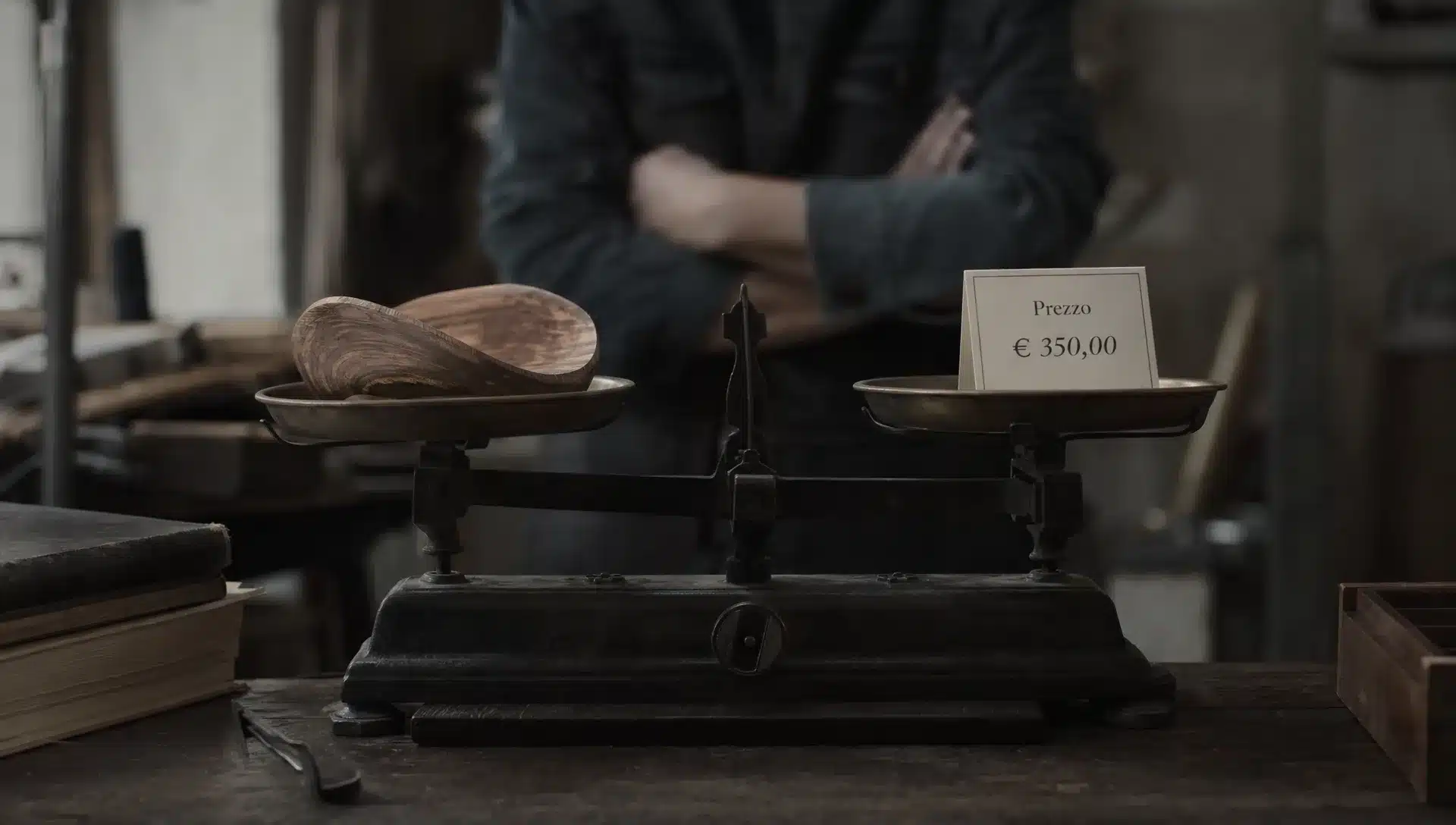 Una bilancia da banco mostra un oggetto artigianale da una parte e un cartellino prezzo dall’altra, in una scena che parla di valore percepito.