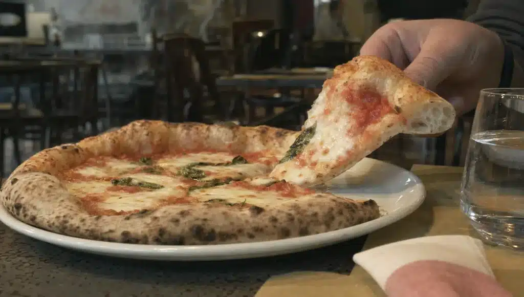 Una fetta sollevata lascia vedere la sezione dell’impasto e la crosta di una pizza appena servita al tavolo.