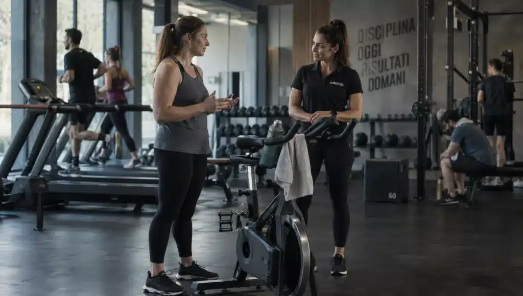 Un’istruttrice ascolta una persona adulta in palestra prima di concordare come iniziare e mantenere l’allenamento.