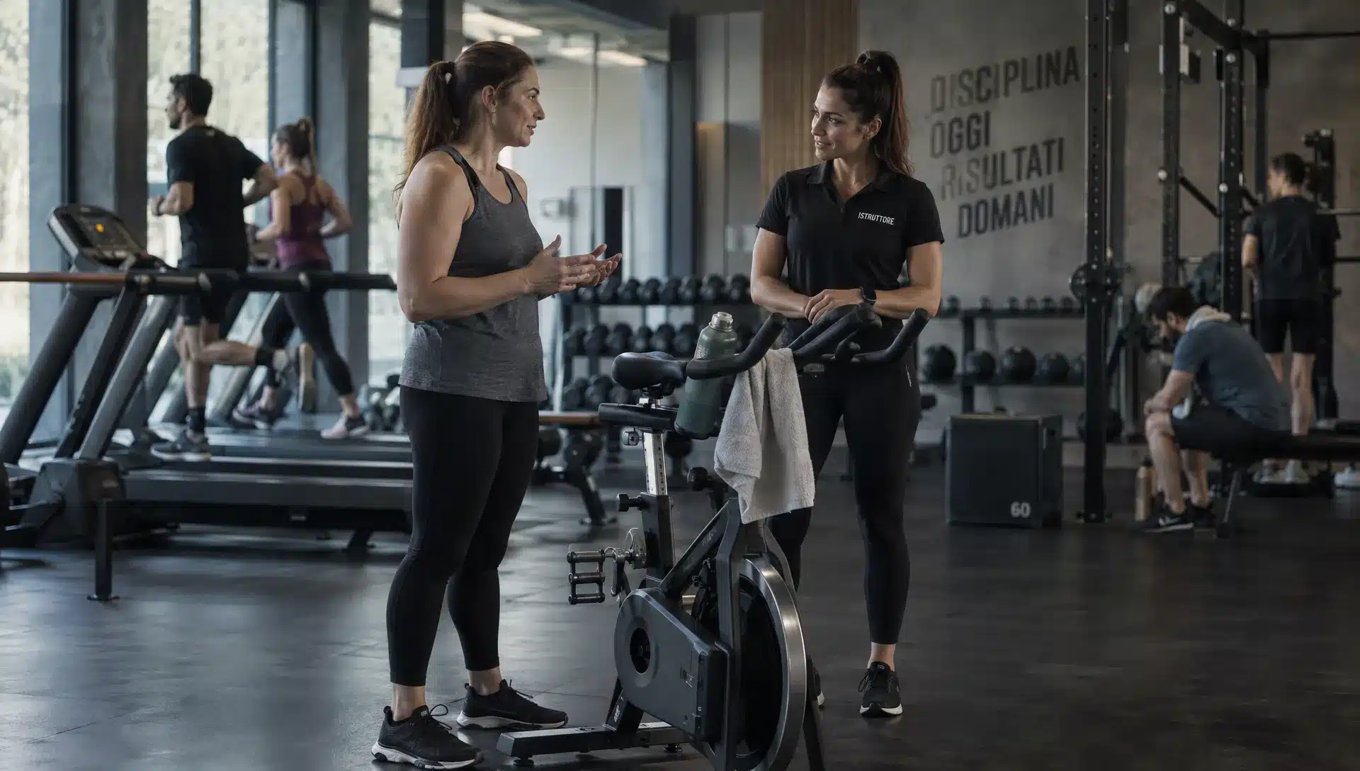 Un’istruttrice ascolta una persona adulta in palestra prima di concordare come iniziare e mantenere l’allenamento.